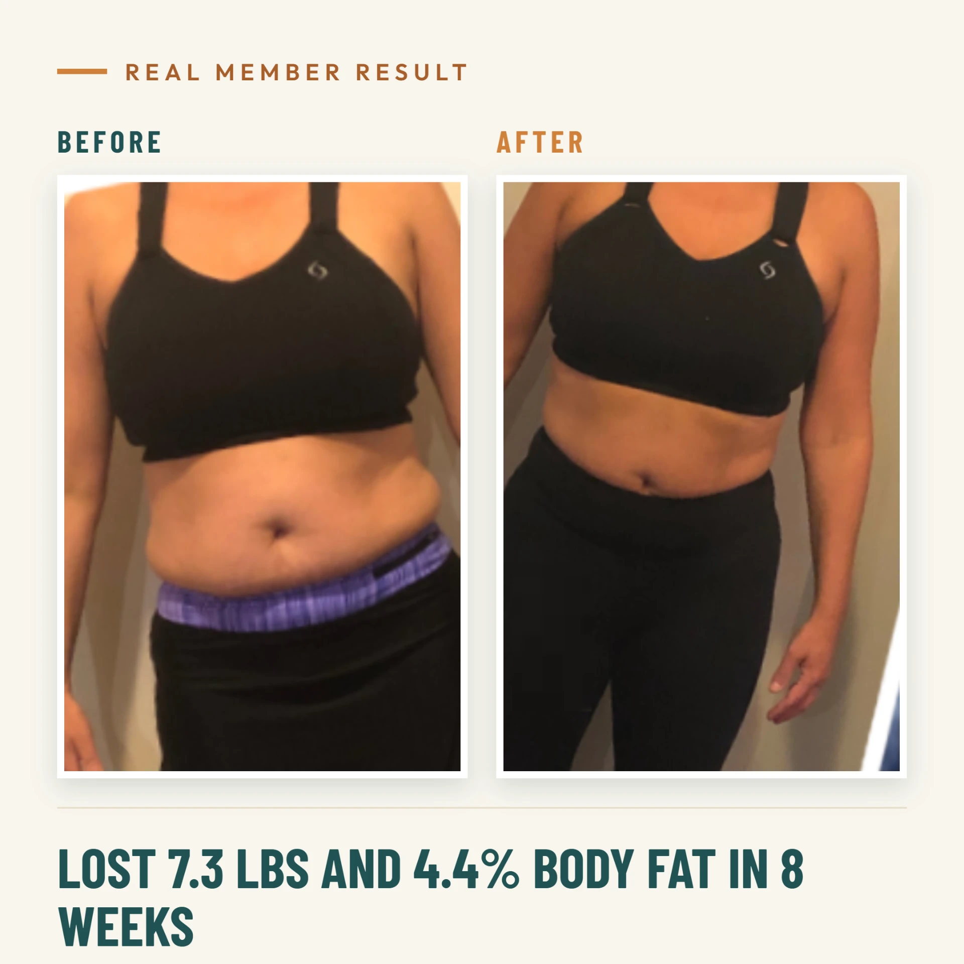 Real member result: lost 7.3 lbs and 4.4% body fat in 8 weeks