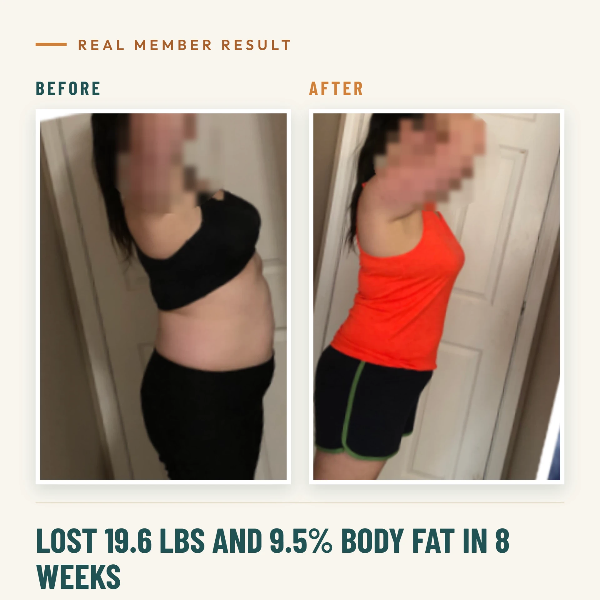 Real member result: lost 19.6 lbs and 9.5% body fat in 8 weeks