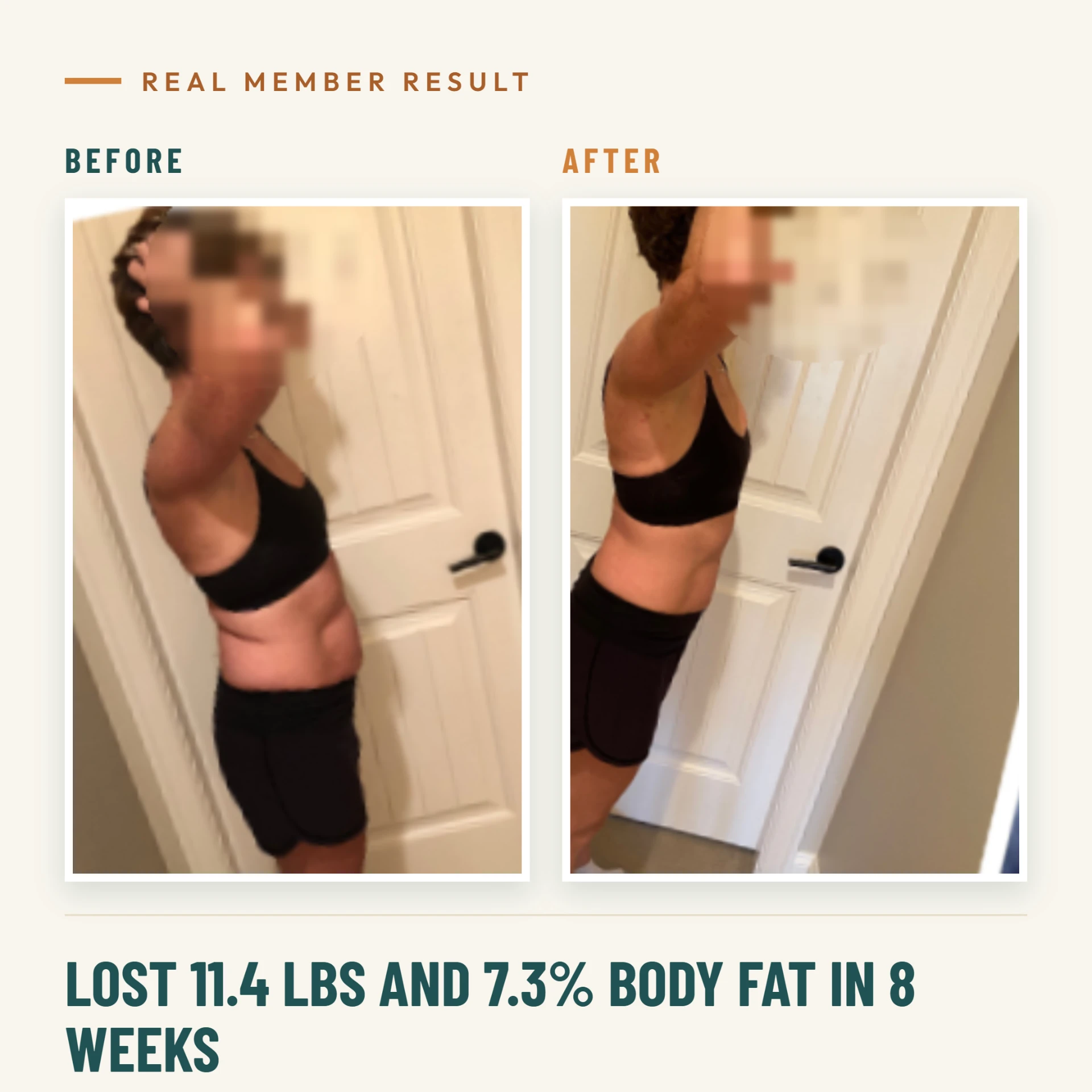 Real member result: lost 11.4 lbs and 7.3% body fat in 8 weeks