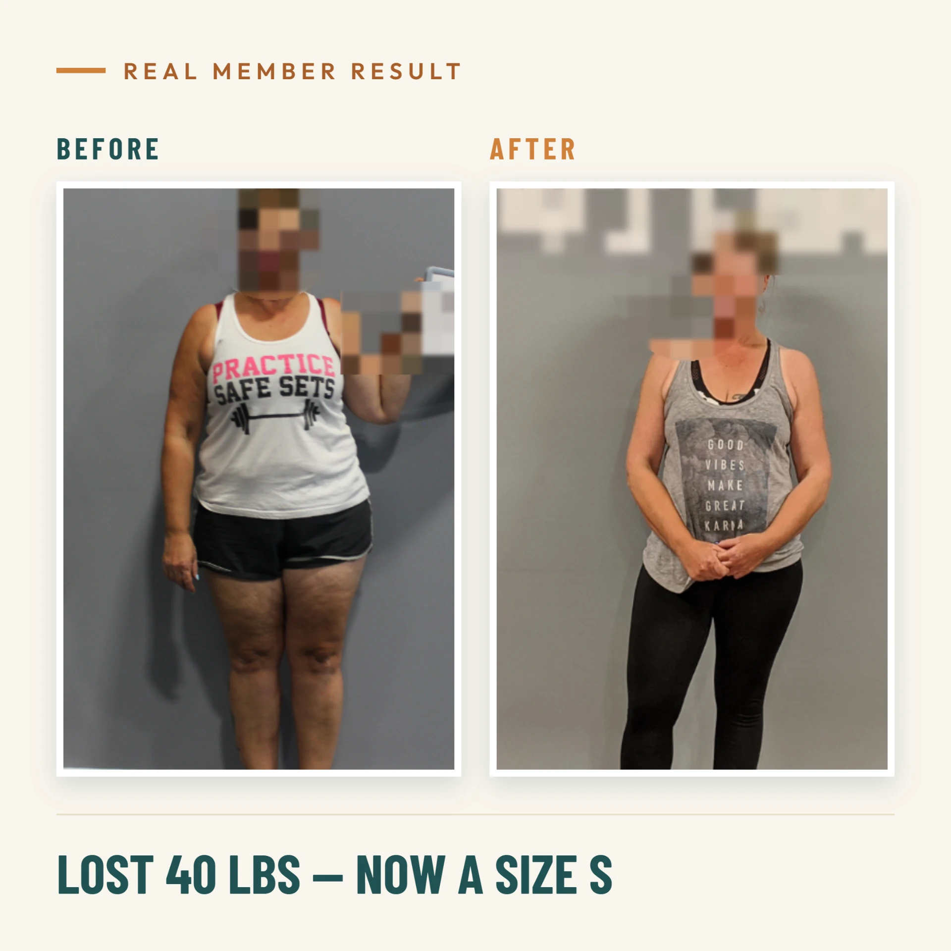 Real member result: lost 40 lbs — now a size S