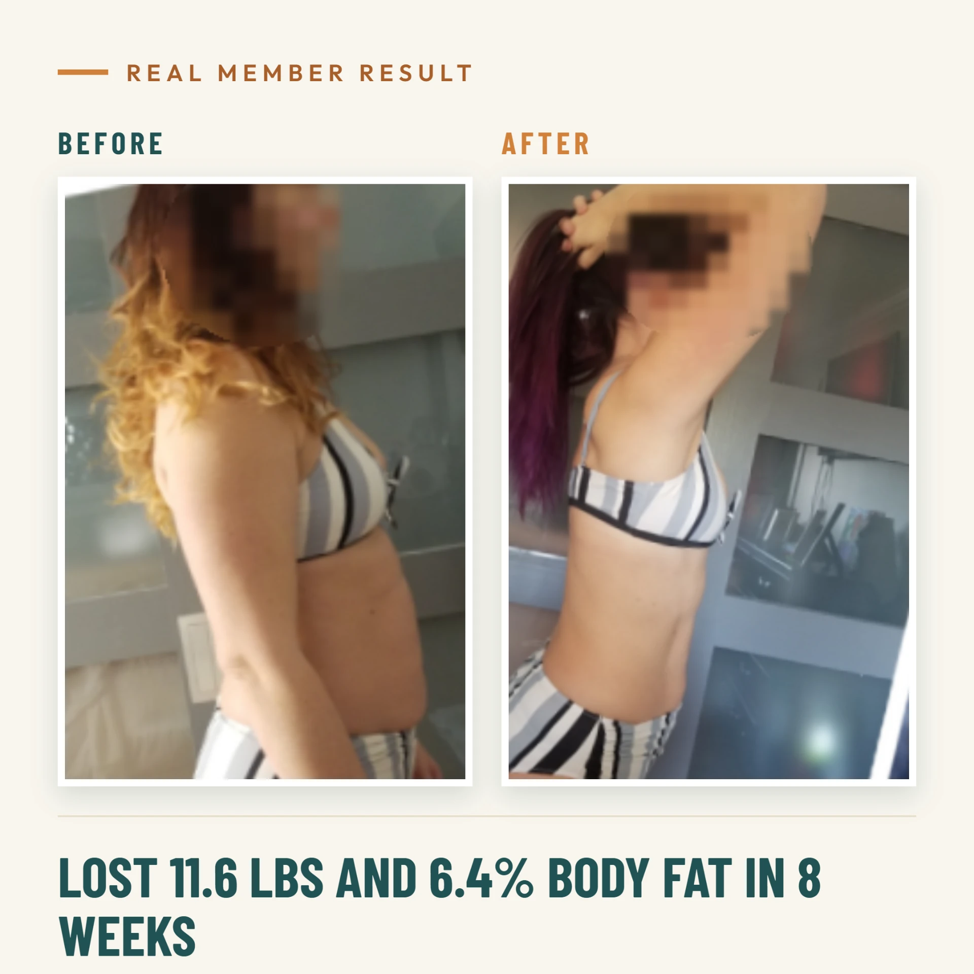 Real member result: lost 11.6 lbs and 6.4% body fat in 8 weeks