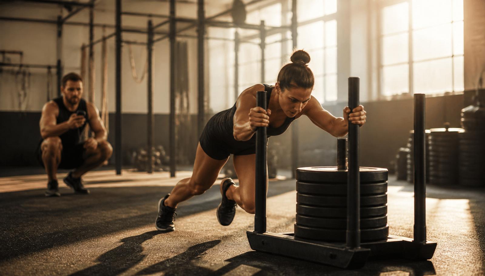 HYROX sled push training at Fit 4 Life Club in Port Coquitlam